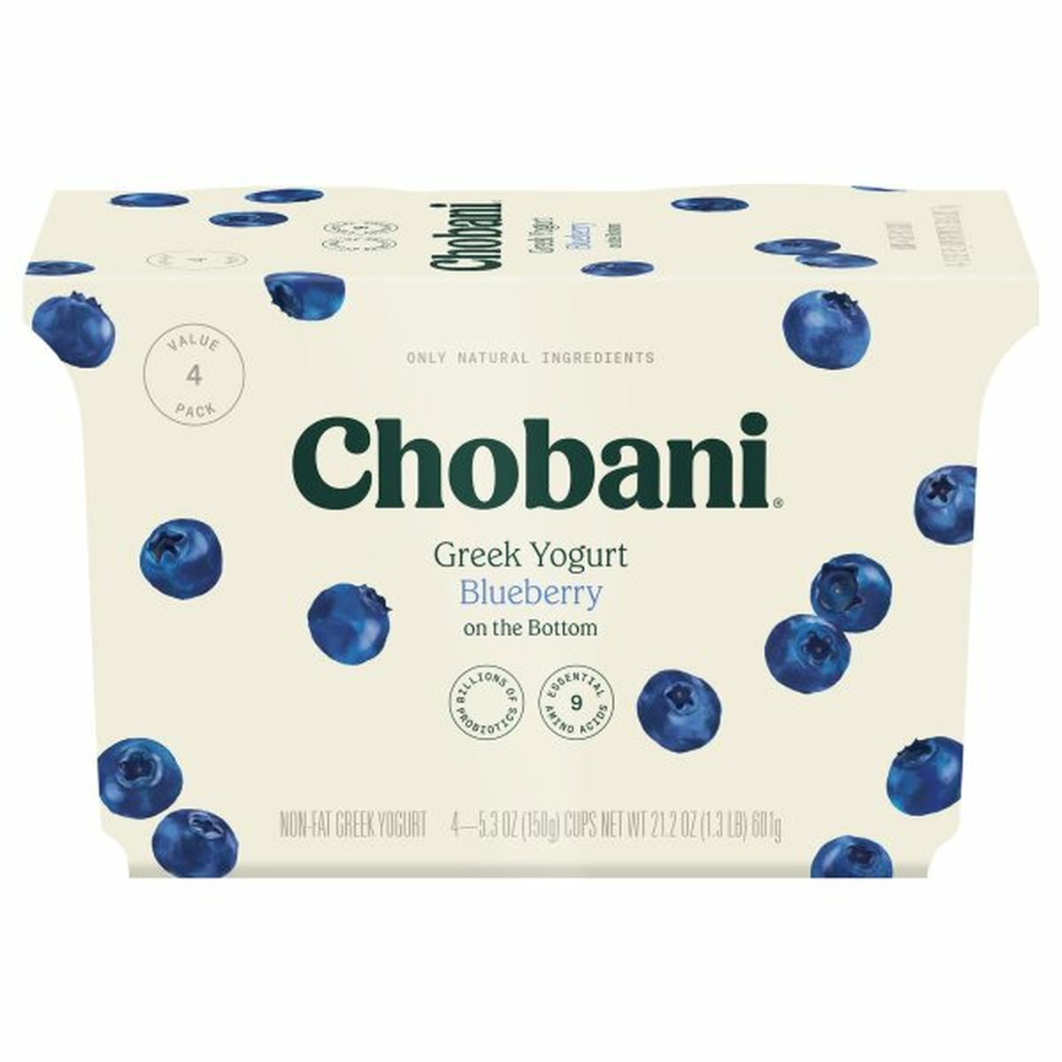 Calories in Chobani Yogurt, Greek, Non-Fat, Blueberry, On The Bottom, Value 4 Pack