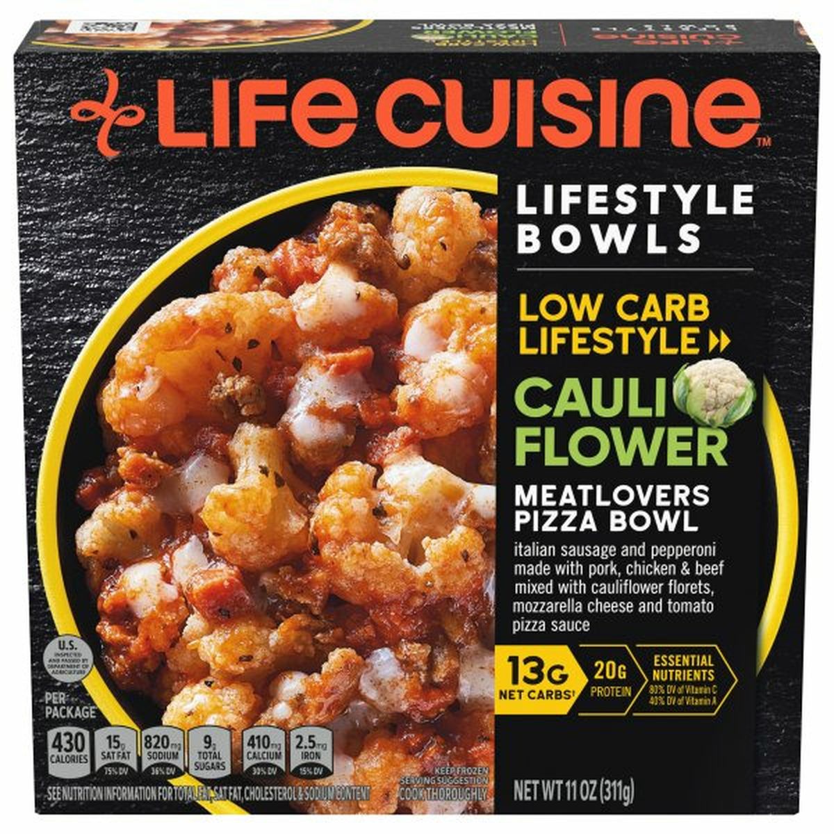 Calories in Life Cuisine Lifestyle Bowl, Low Carb, Cauliflower Meatlovers Pizza