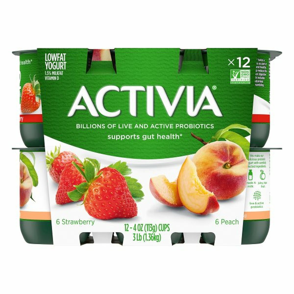 Calories in Activia Yogurt, Lowfat, Strawberry, Peach, 12 Pack