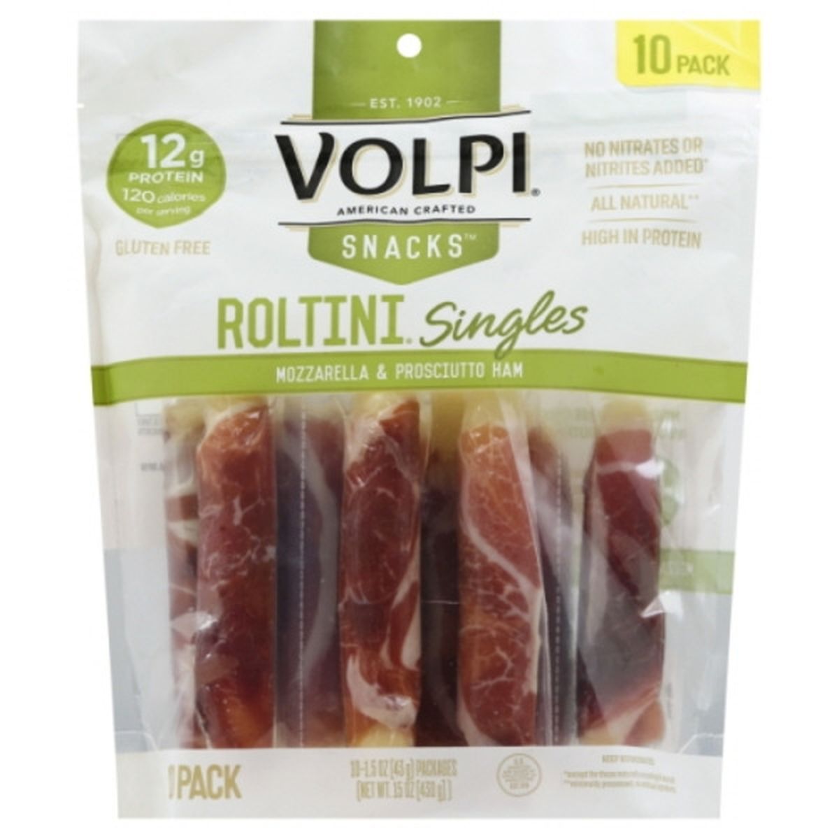 Calories in Volpi Roltini Snacks, Mozzarella & Prosciutto Ham, Singles, 10 Pack