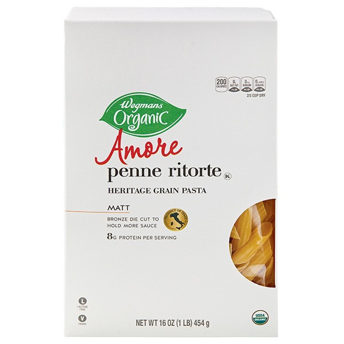Calories in Wegmans Organic Amore Penne Ritorte, Heritage Grain Pasta, Matt