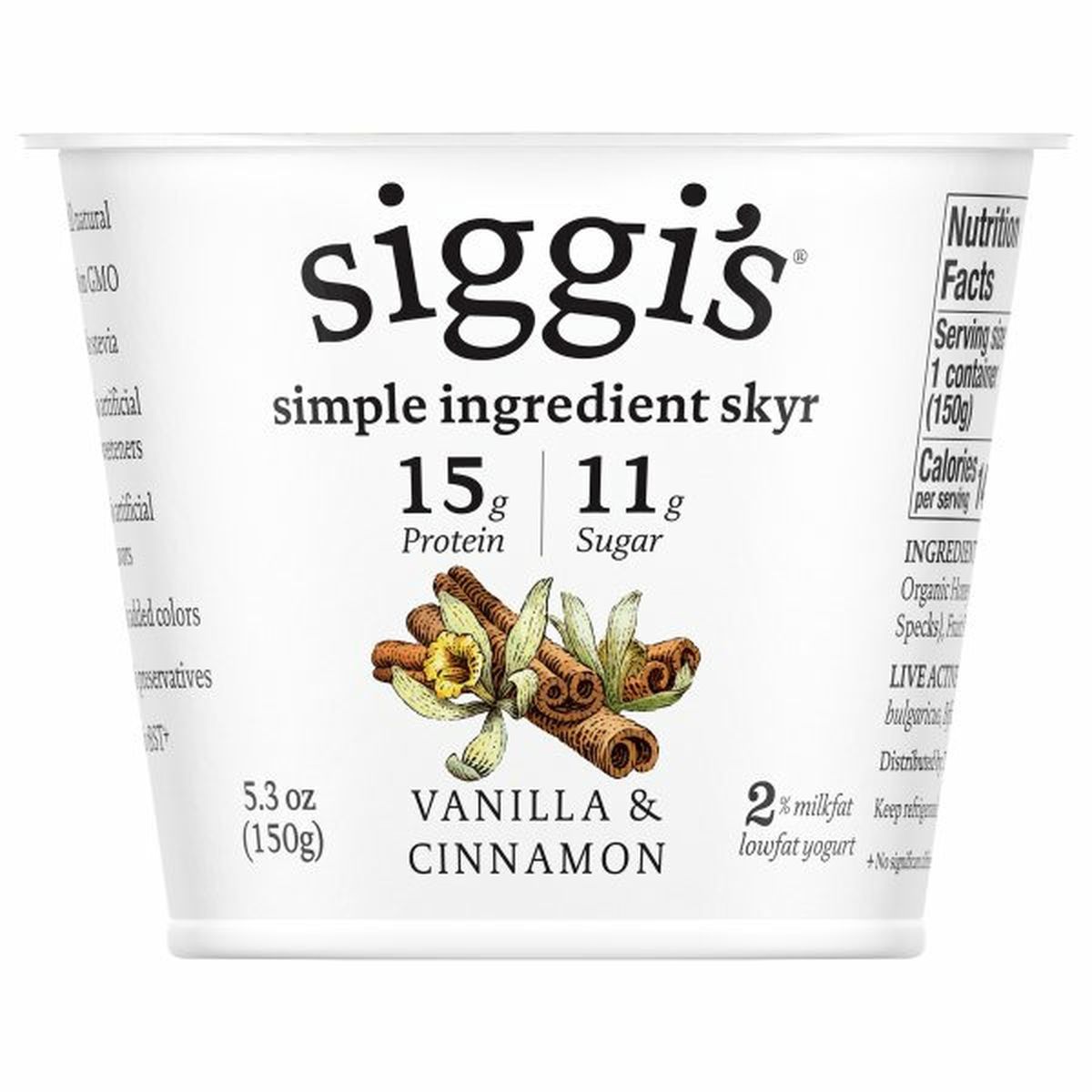 Calories in Siggi's Yogurt, Lowfat, Vanilla & Cinnamon