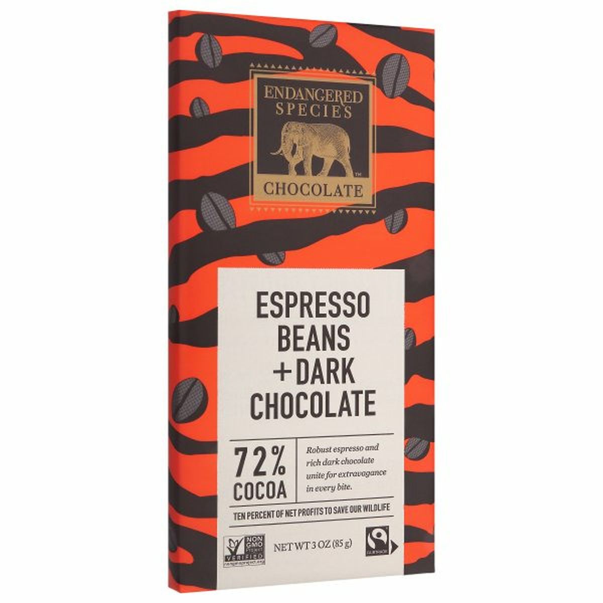 Calories in Endangered Species Chocolate, Espresso Beans + Dark Chocolate, 72% Cocoa
