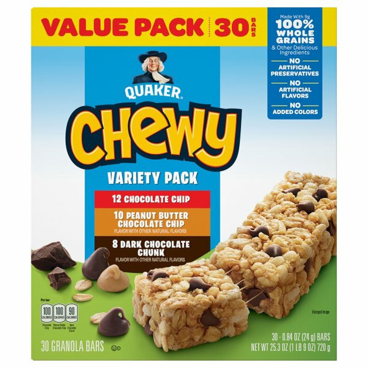 Calories in Quaker Chewy Granola Bars, Chocolate Chip/Peanut Butter Chocolate Chip/Dark Chocolate Chunk, Value Pack, Variety Pack, 30 Pack