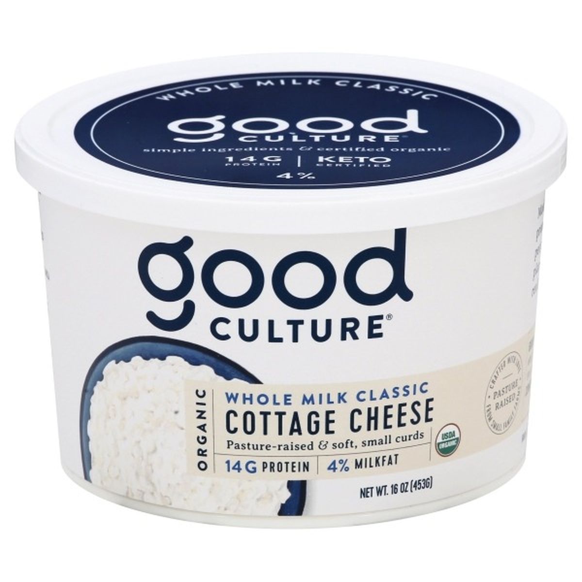 Calories in Good Culture Cottage Cheese, Small Curd, 4% Milkfat, Organic, Whole Milk Classic