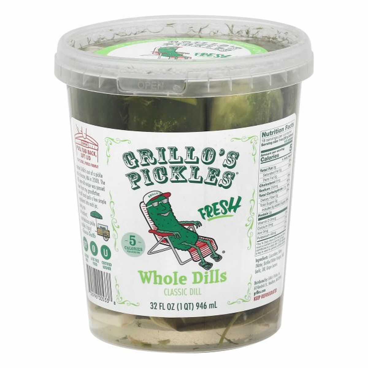 Calories in Grillo's Pickles Whole Dills, Classic Dill, Fresh