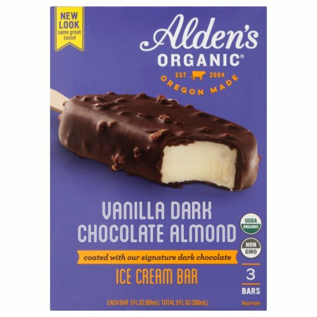 Calories in Alden's Organic Ice Cream Bar, Vanilla Dark Chocolate Almond