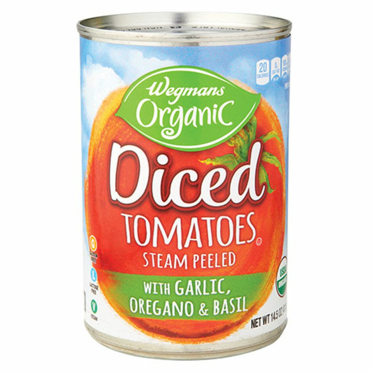 Calories in Wegmans Organic Diced Tomatoes with Garlic, Oregano, & Basil