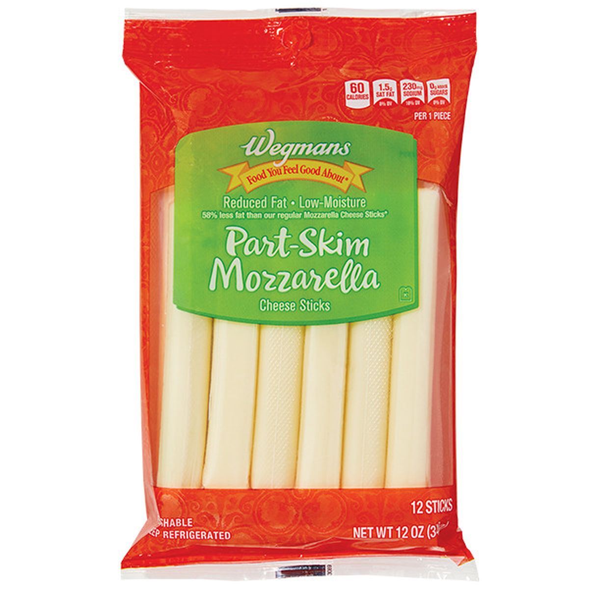 Calories in Wegmans Reduced Fat Part-Skim Mozzarella Cheese Sticks, 12 Count
