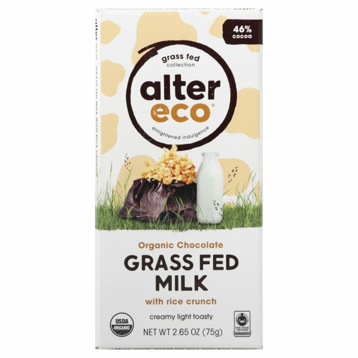Calories in Alter Eco Grass Fed Collection Chocolate Bar, Organic, Milk with Rice Crunch