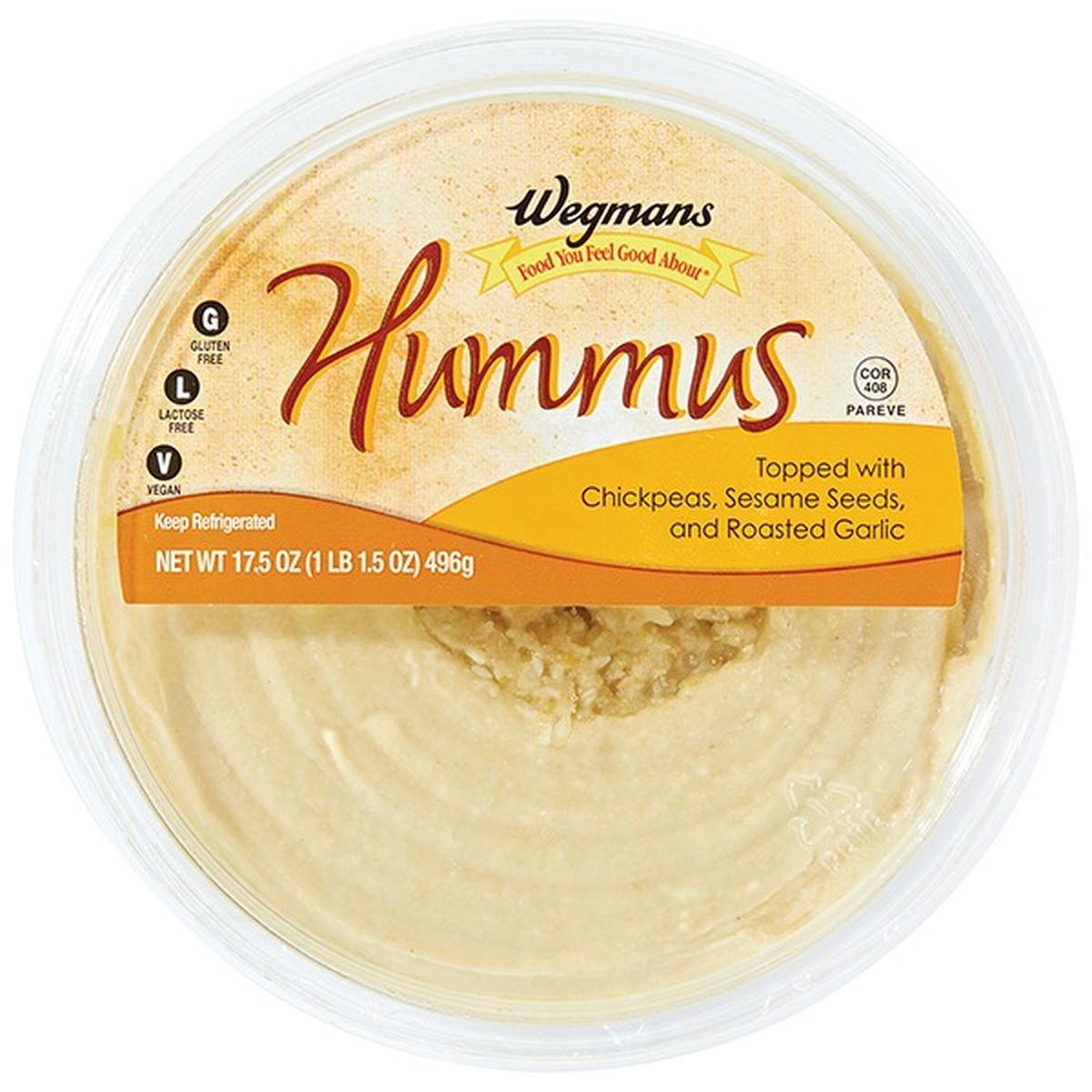 Calories in Wegmans Original Hummus Topped with Chickpeas, Sesame Seeds and Roasted Garlic, FAMILY PACK