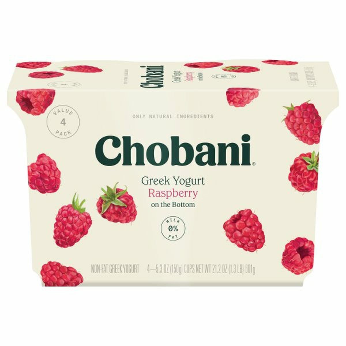 Calories in Chobani Yogurt, Greek, Non-Fat, Raspberry on the Bottom, 4 Value Pack