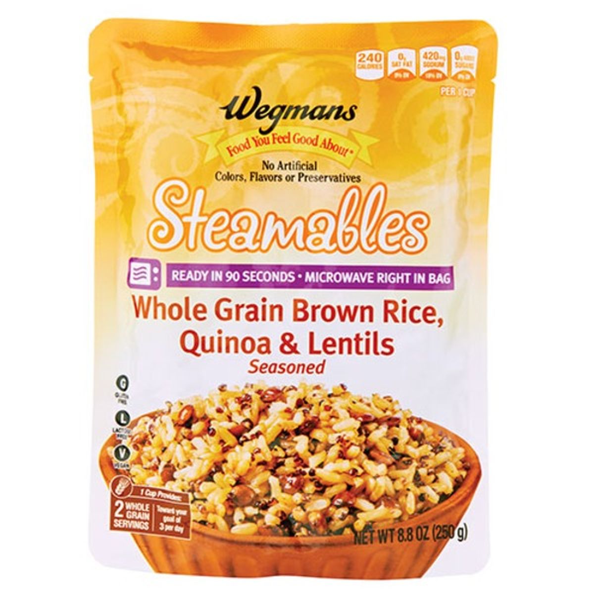 Calories in Wegmans Brown Rice, Quinoa & Lentil Steamables
