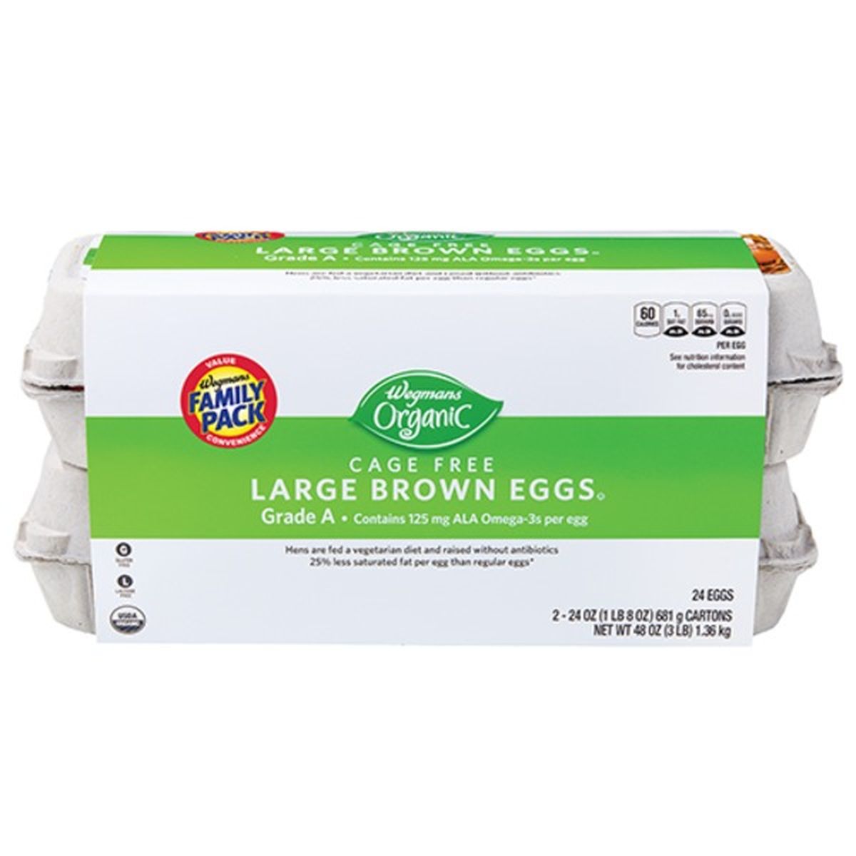 Calories in Wegmans Organic Large Brown Eggs, 24 Count, Cage Free, FAMILY PACK