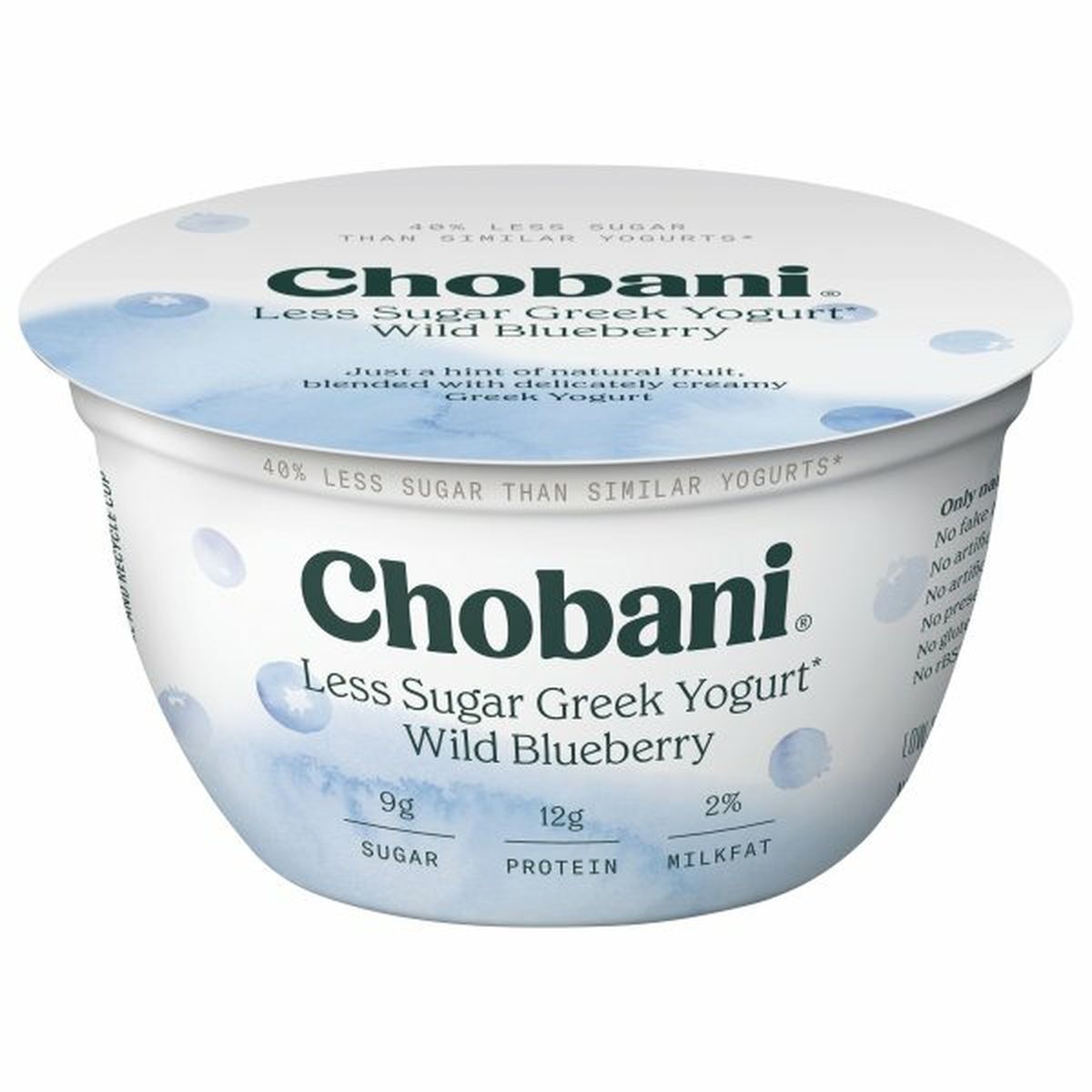 Calories in Chobani Yogurt, Less Sugar, Low-Fat, Greek, Wild Blueberry
