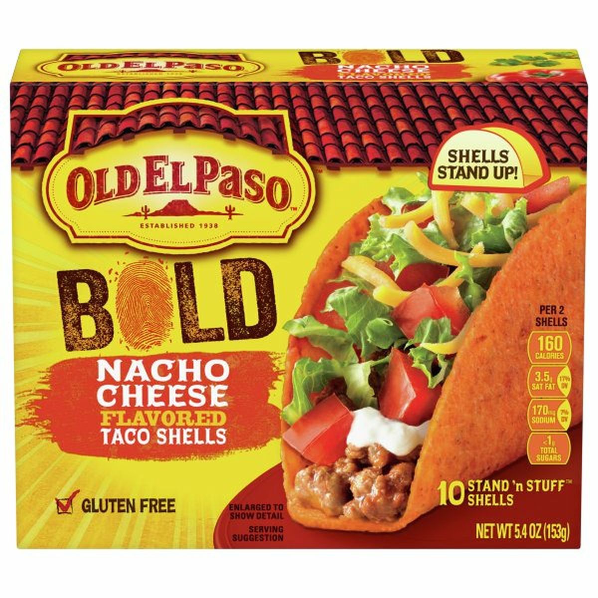 Calories in Old El Paso Taco Shells, Nacho Cheese Flavored, Bold, Stand 'n Stuff