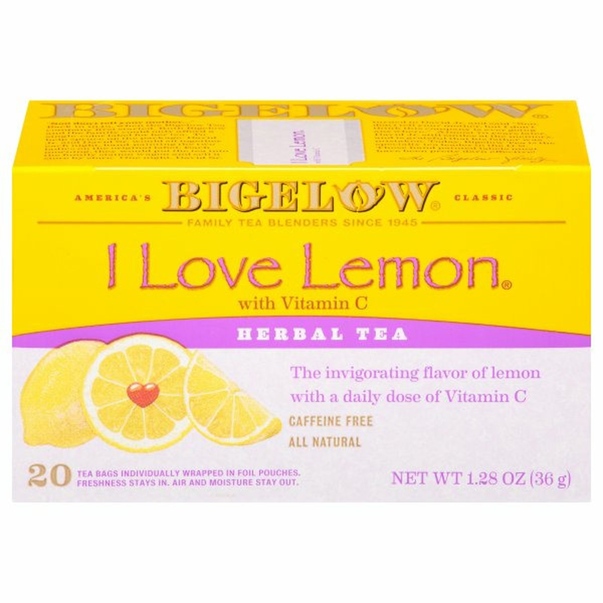 Calories in Bigelow Herbal Tea, I Love Lemon, Caffeine Free, Tea Bags