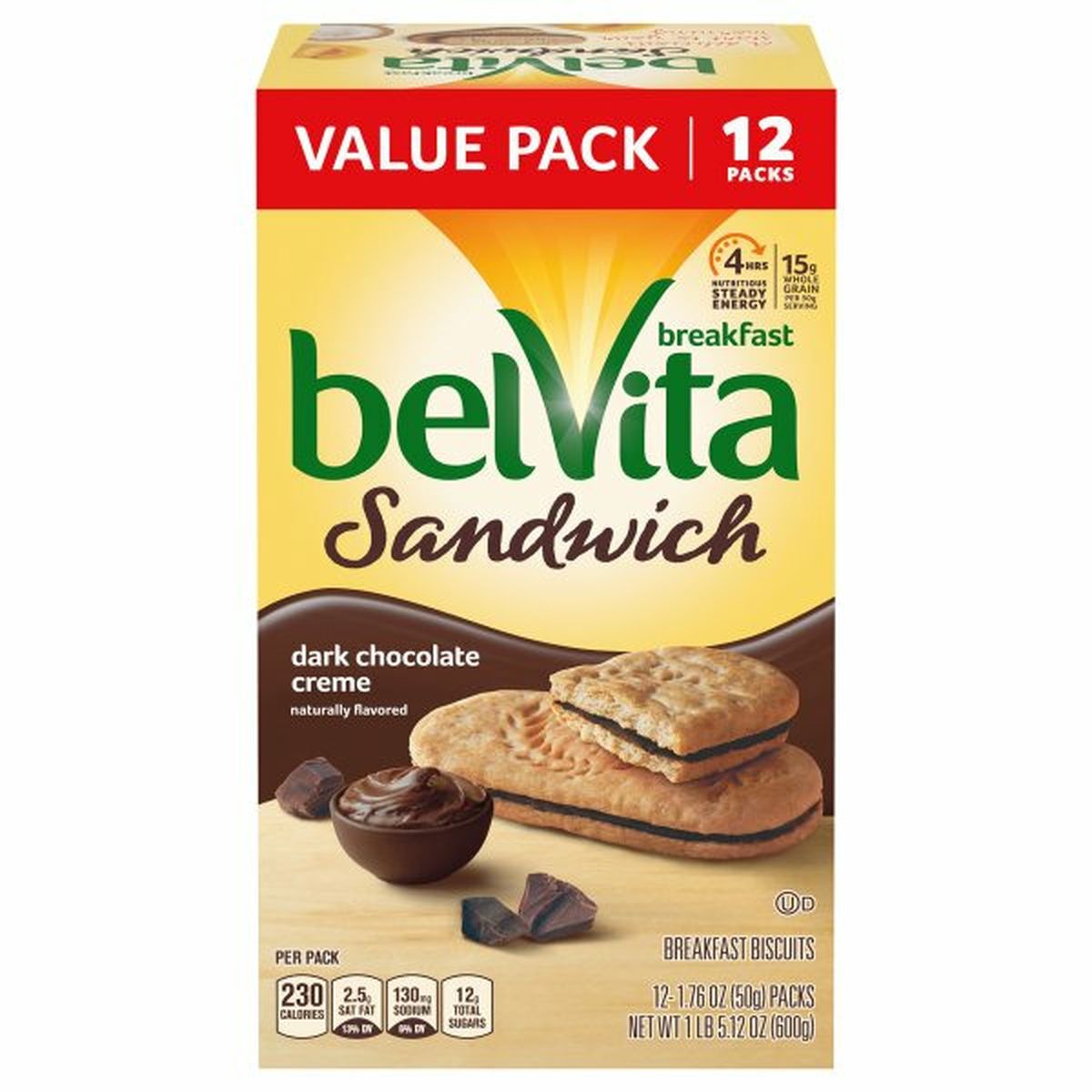 Calories in belVita Breakfast Biscuits, Dark Chocolate Creme, Sandwich, Value Pack, 12 Pack