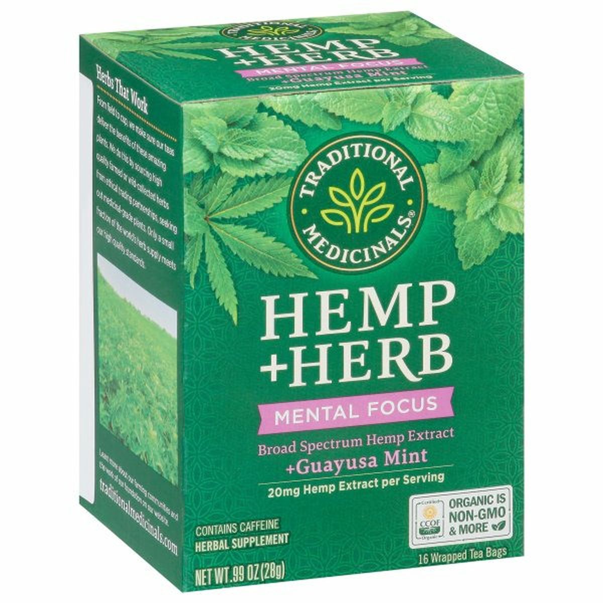 Calories in Traditional Medicinals Hemp + Herb Herbal Supplement, Mental Focus, Guayusa Mint, Tea Bags