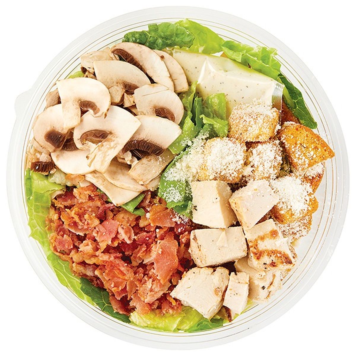 Calories in Wegmans Large Bacon & Mushroom Chicken Caesar Salad with Caesar Dressing