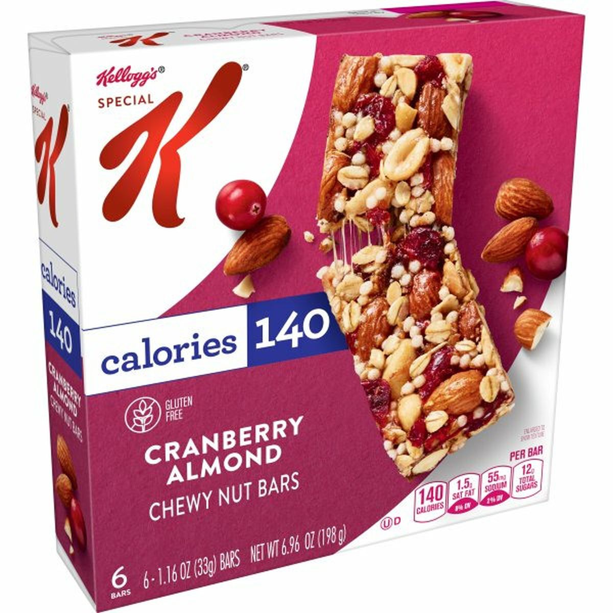 Calories in Kellogg's Special K Bars Kellogg's Special K Chewy Nut Bars, Cranberry Almond, Gluten Free, 6ct 6.96oz