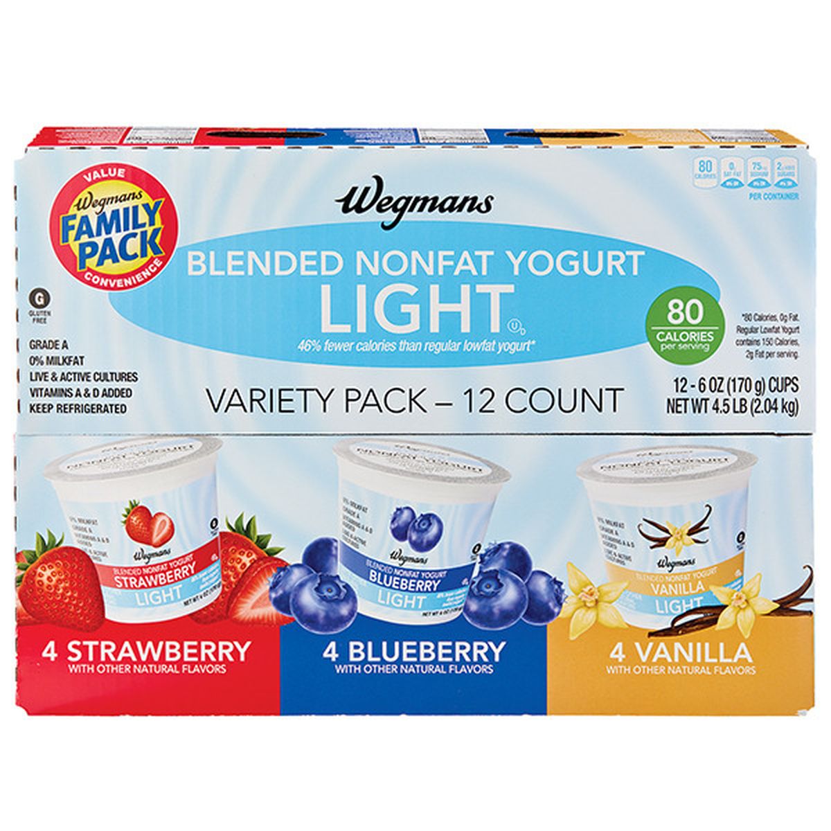 Calories in Wegmans Light Blended  Vanilla Strawberry Blueberry Nonfat Yogurt, 12 PACK, FAMILY PACK