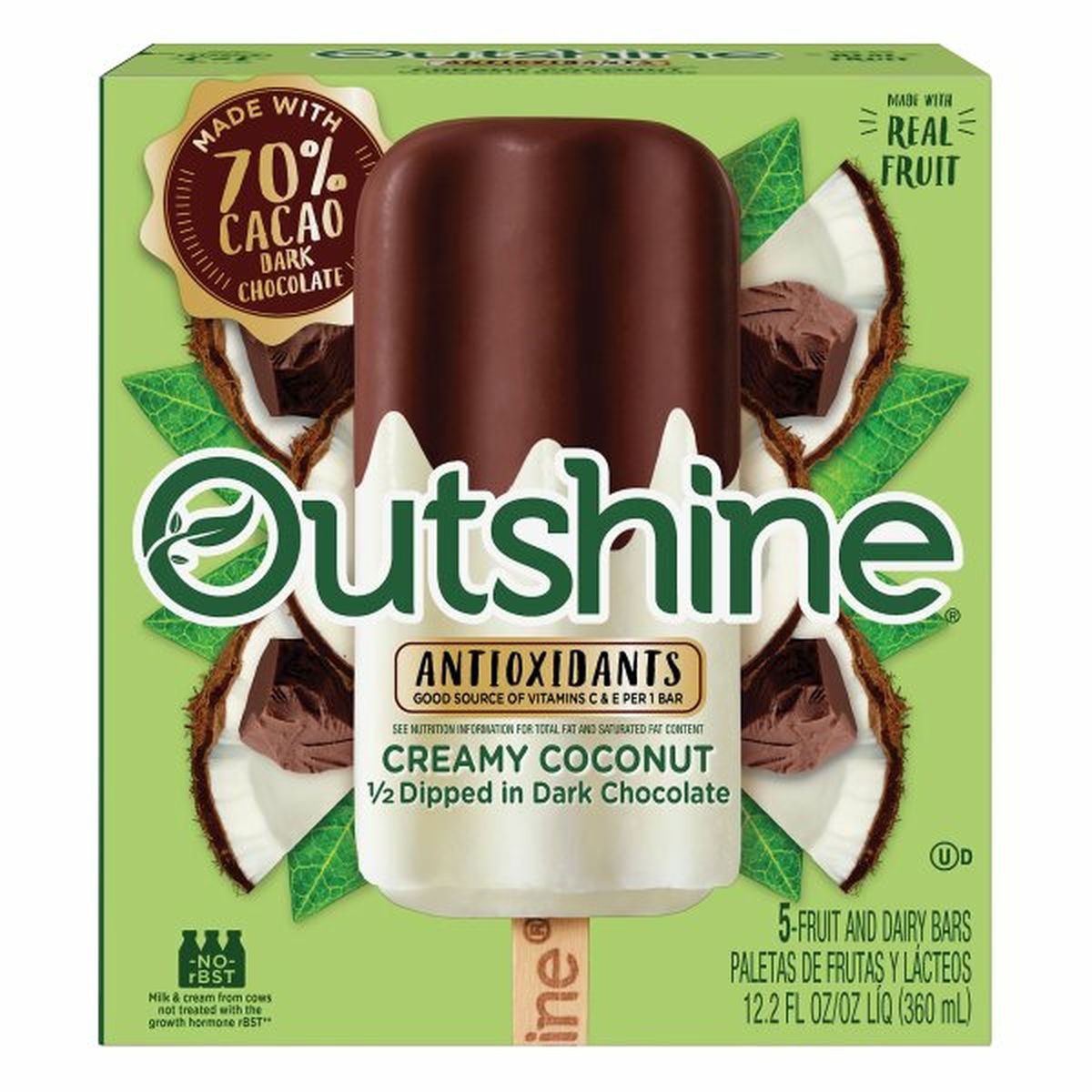 Calories in Outshine Fruit and Dairy Bars, Creamy Coconut, Half Dipped in Dark Chocolate, 5 Pack