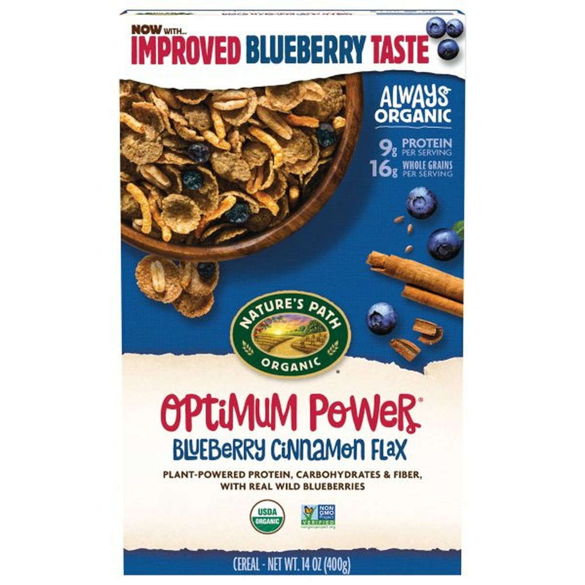 Calories in Nature's Path Cereal,  Blueberry Cinnamon Flax, Optimum Power