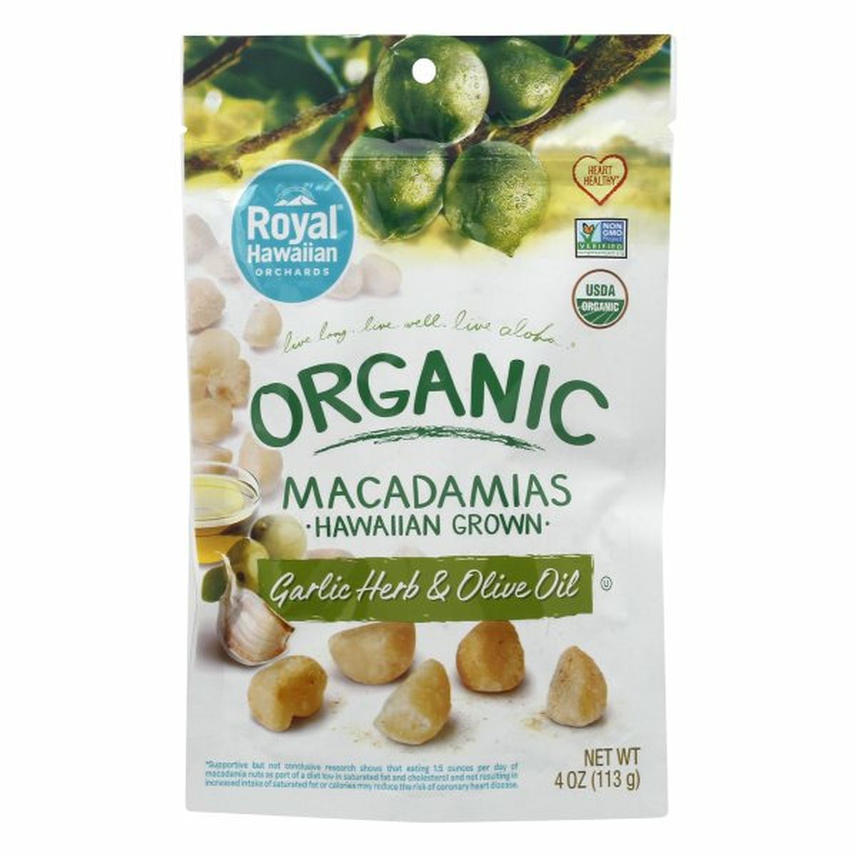 Calories in Royal Hawaiian Orchards Macadamias, Organic, Garlic Herb & Olive Oil