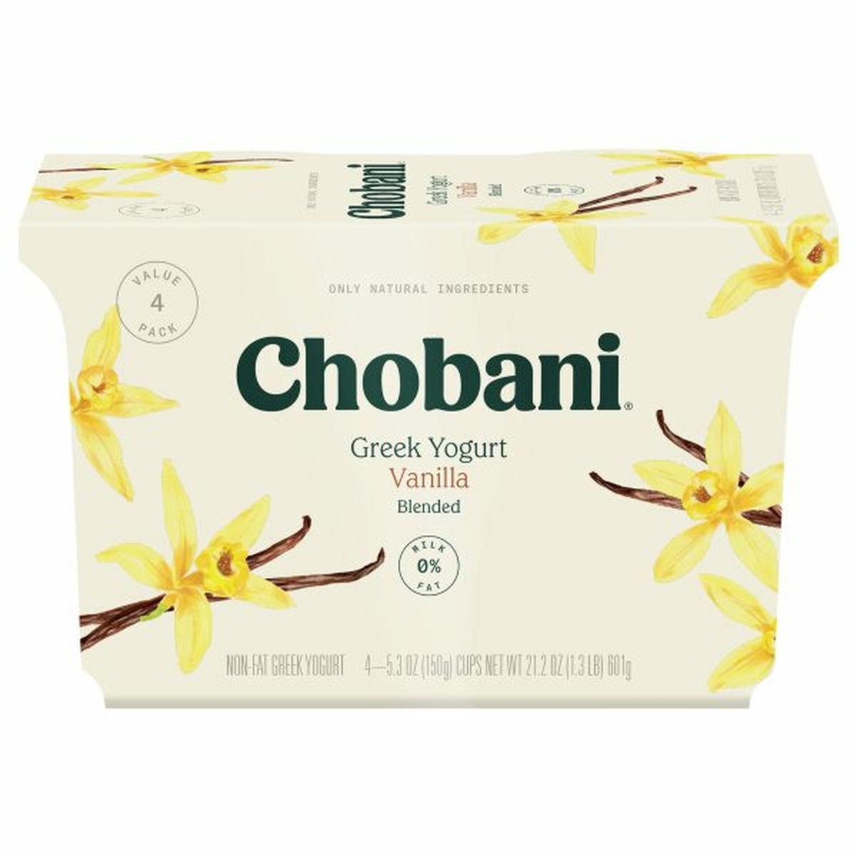 Calories in Chobani Yogurt, Non-Fat, Greek, Vanilla, Blended, Value 4 Pack