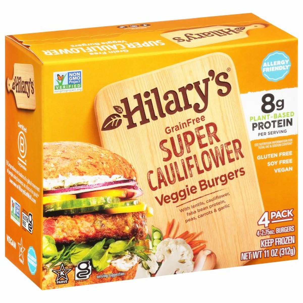 Calories in Hilary's Veggie Burgers, Grain Free, Super Cauliflower, 4 Pack