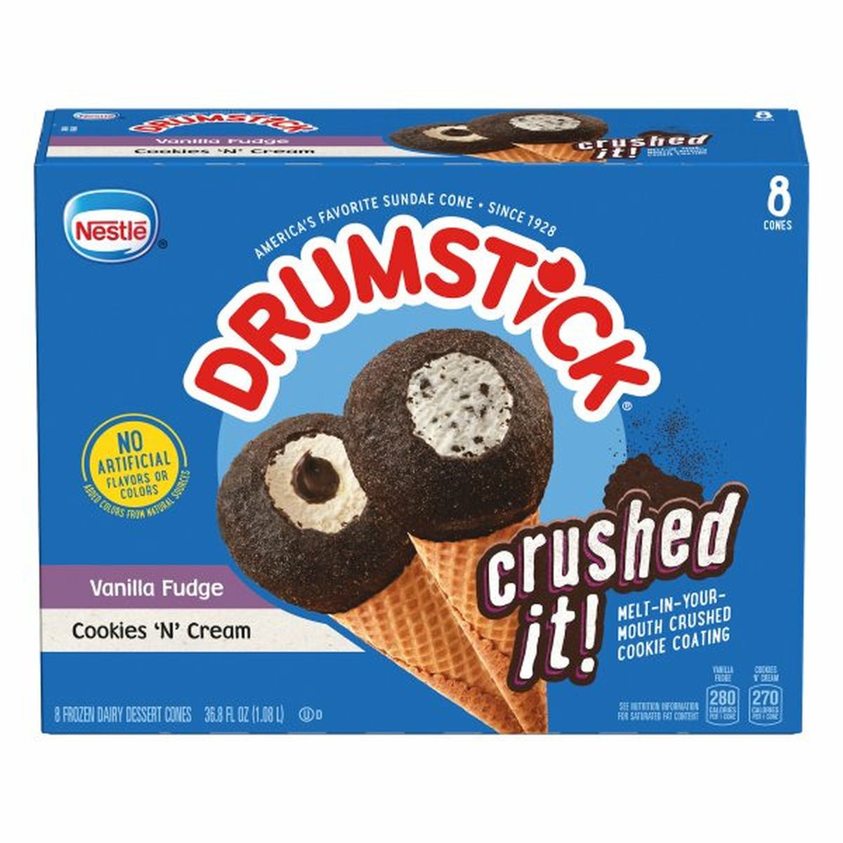 Calories in Drumstick Frozen Dairy Dessert Cones, Vanilla Fudge/Cookies 'N' Cream, 8 Pack