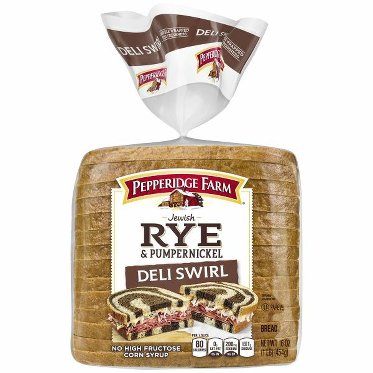 Calories in Pepperidge Farms  Jewish Rye & Pumpernickel Jewish Rye & Pumpernickel Deli Rye & Pump Swirl Bread