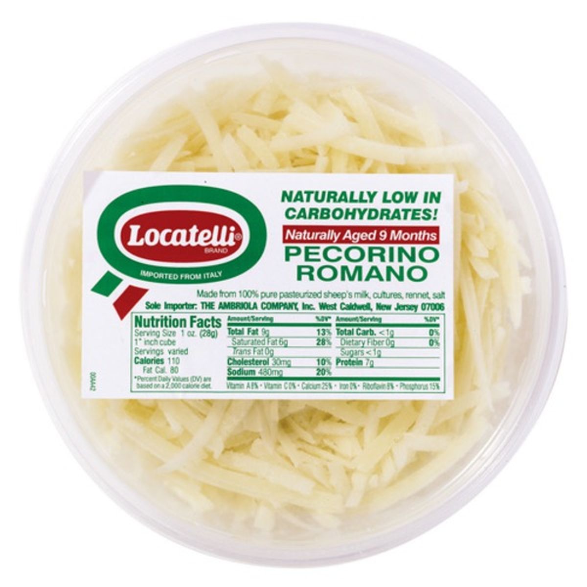 Calories in Locatelli Pecorino Romano Pecorino Romano Cheese- Shredded
