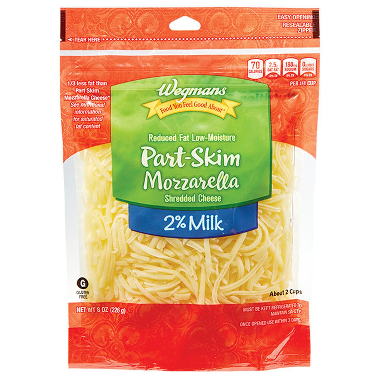 Calories in Wegmans Reduced Fat Low-Moisture Part-Skim Shredded Mozzarella Cheese