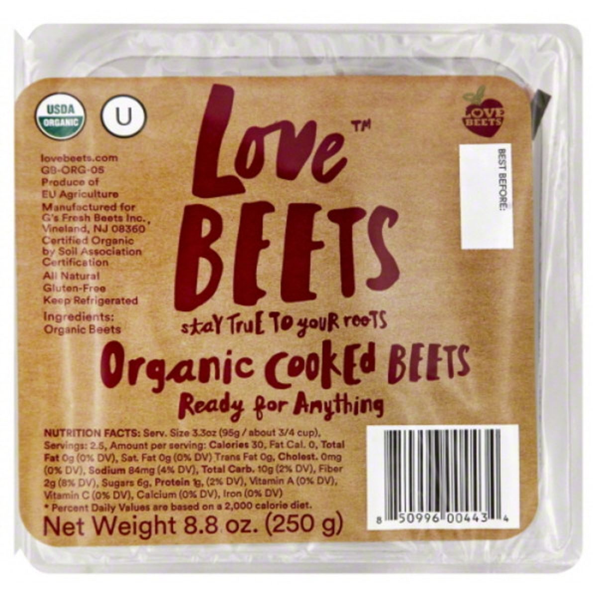 Calories in Love Beets Beets, Cooked, Organic