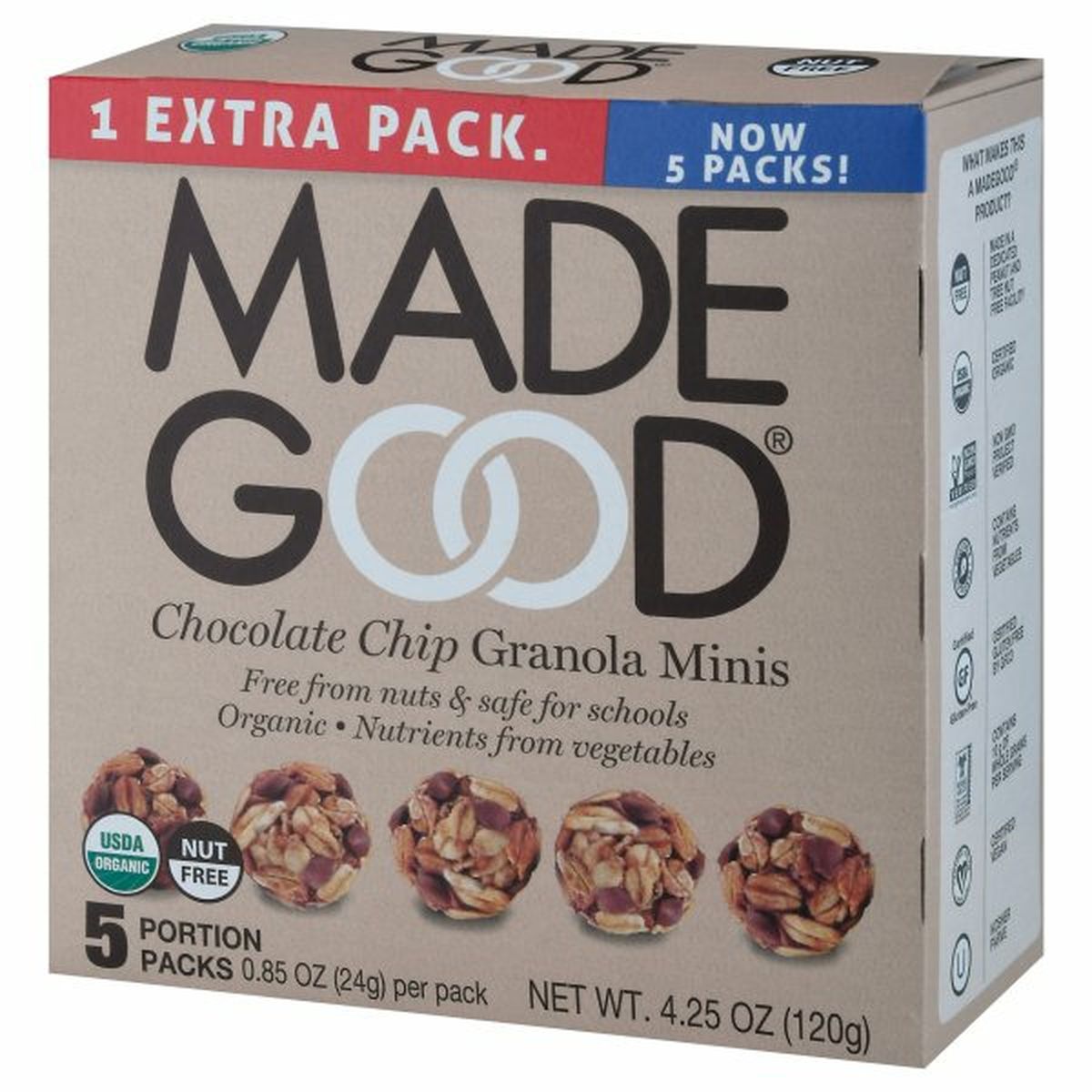Calories in Made Good Granola Minis, Organic, Chocolate Chip, 5 Pack