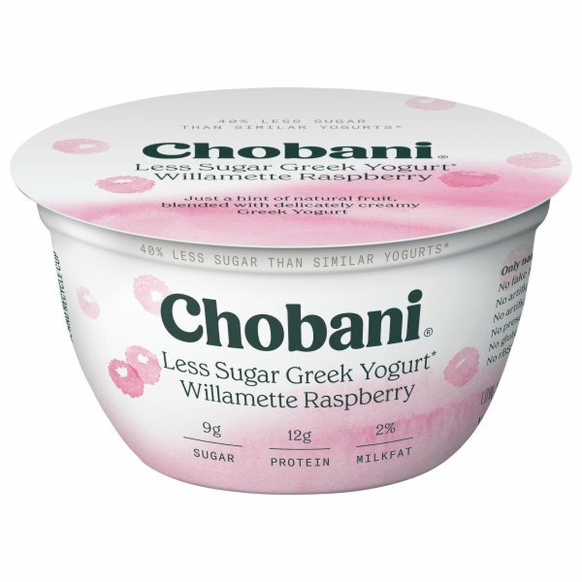 Calories in Chobani Yogurt, Greek, Less Sugar, Low-Fat, Willamette Raspberry