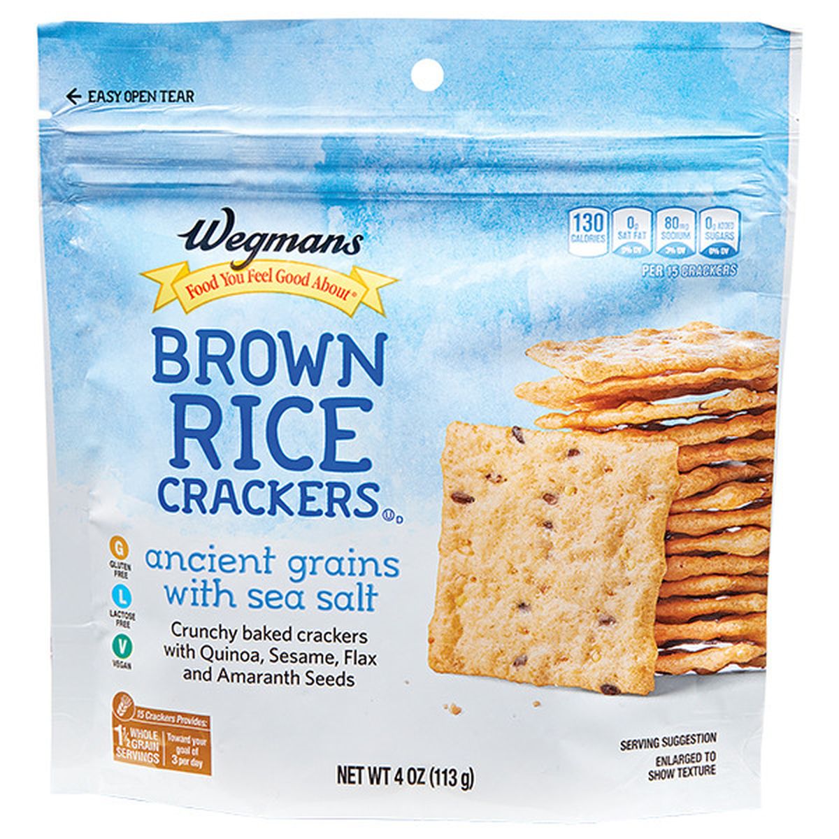 Calories in Wegmans Ancient Grain & Sea Salt Brown Rice Crackers