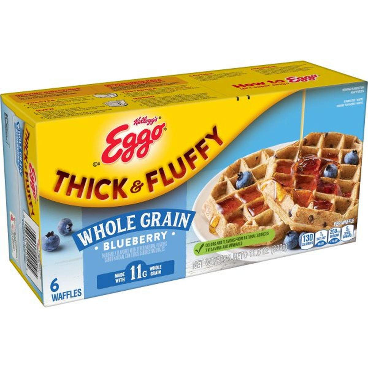 Calories in Eggo Thick and Fluffy Frozen Breakfast Eggo Thick and Fluffy Frozen Waffles, Whole Grain Blueberry, Made with 11g Whole Grain Frozen Breakfast, 11.6oz