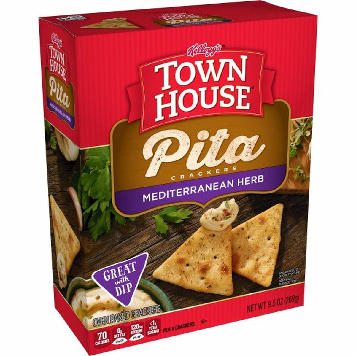 Calories in Kellogg's Town House Crackers Kellogg's Town House Pita Crackers, Mediterranean Herb, Ready To Dip Snacks, 9.5oz