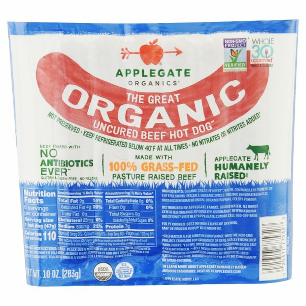 Calories in Applegate Hot Dog, Uncured Beef