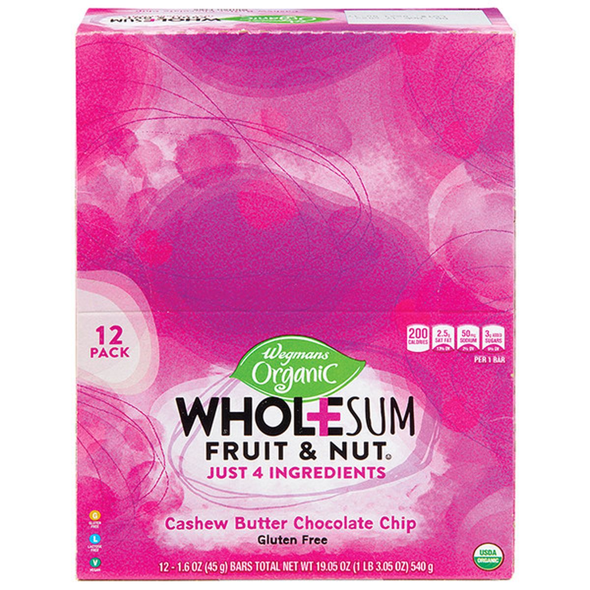 Calories in Wegmans Organic Cashew Butter Chocolate Chip Wholesum Fruit & Nut Bar 12ct box