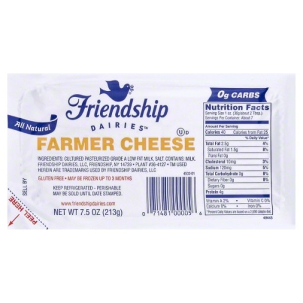 Calories in Friendship Dairies Farmer Cheese