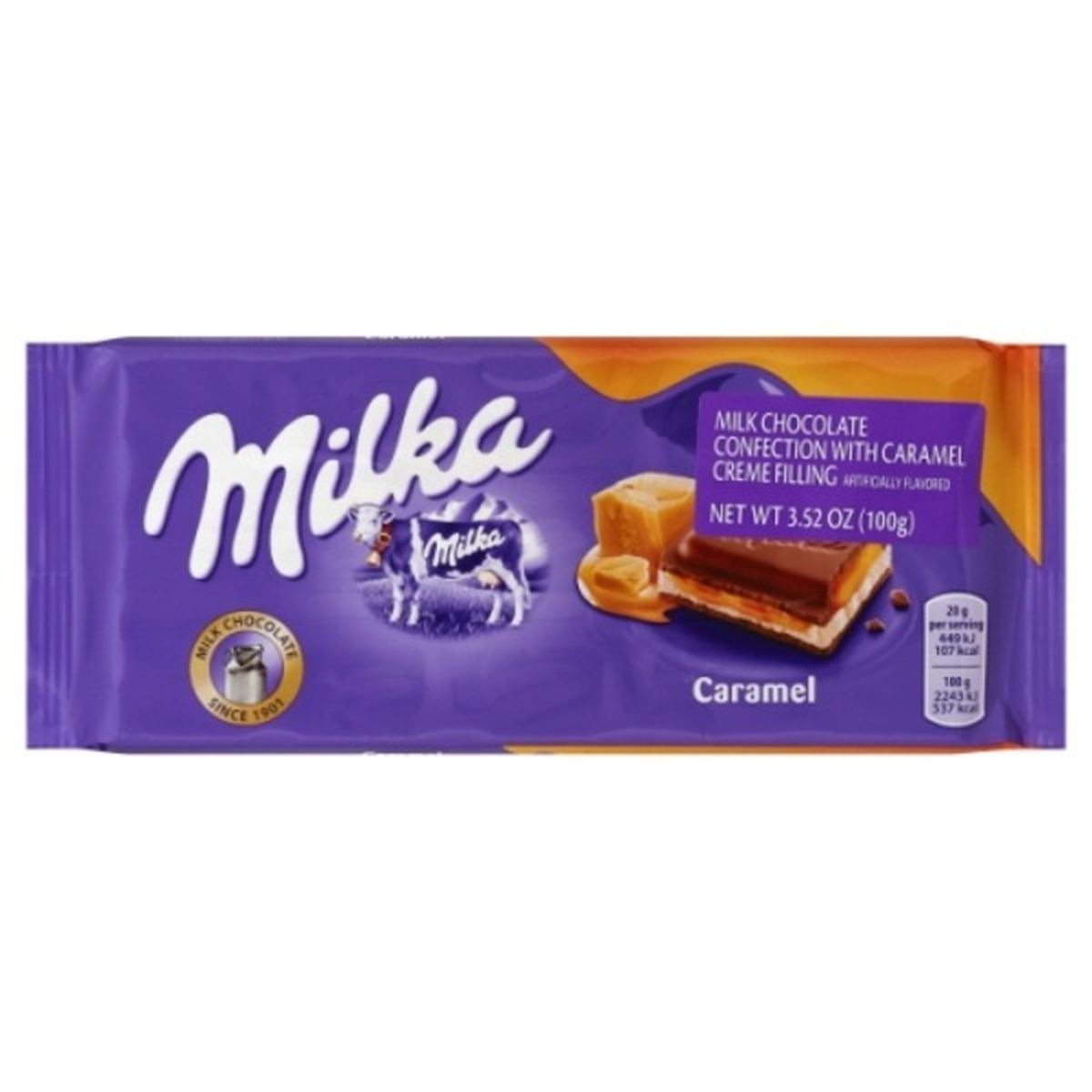 Calories in Milka Milk Chocolate Confection, with Caramel Creme Filling