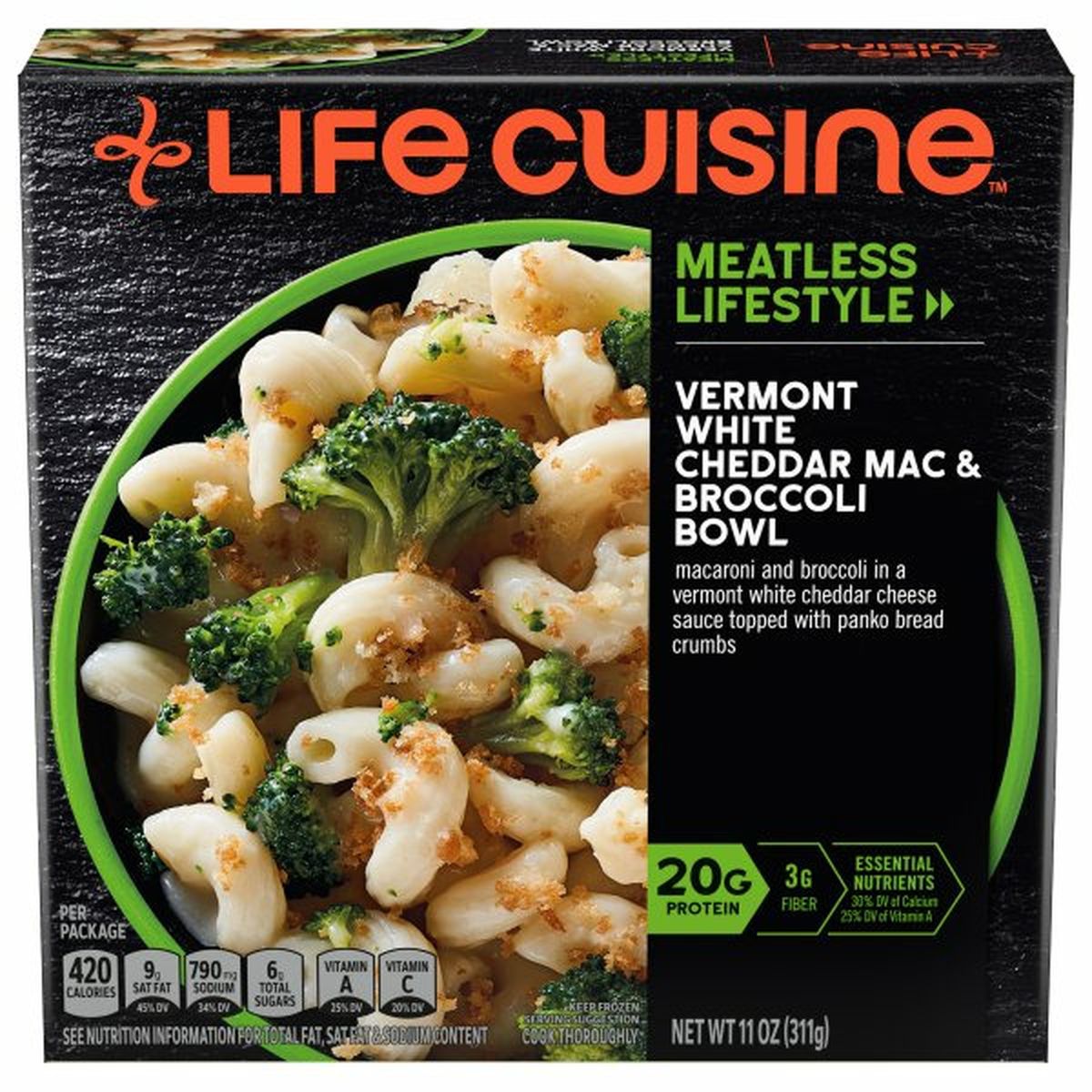 Calories in Life Cuisine Vermont White Cheddar Mac & Broccoli Bowl, Meatless Lifestyle