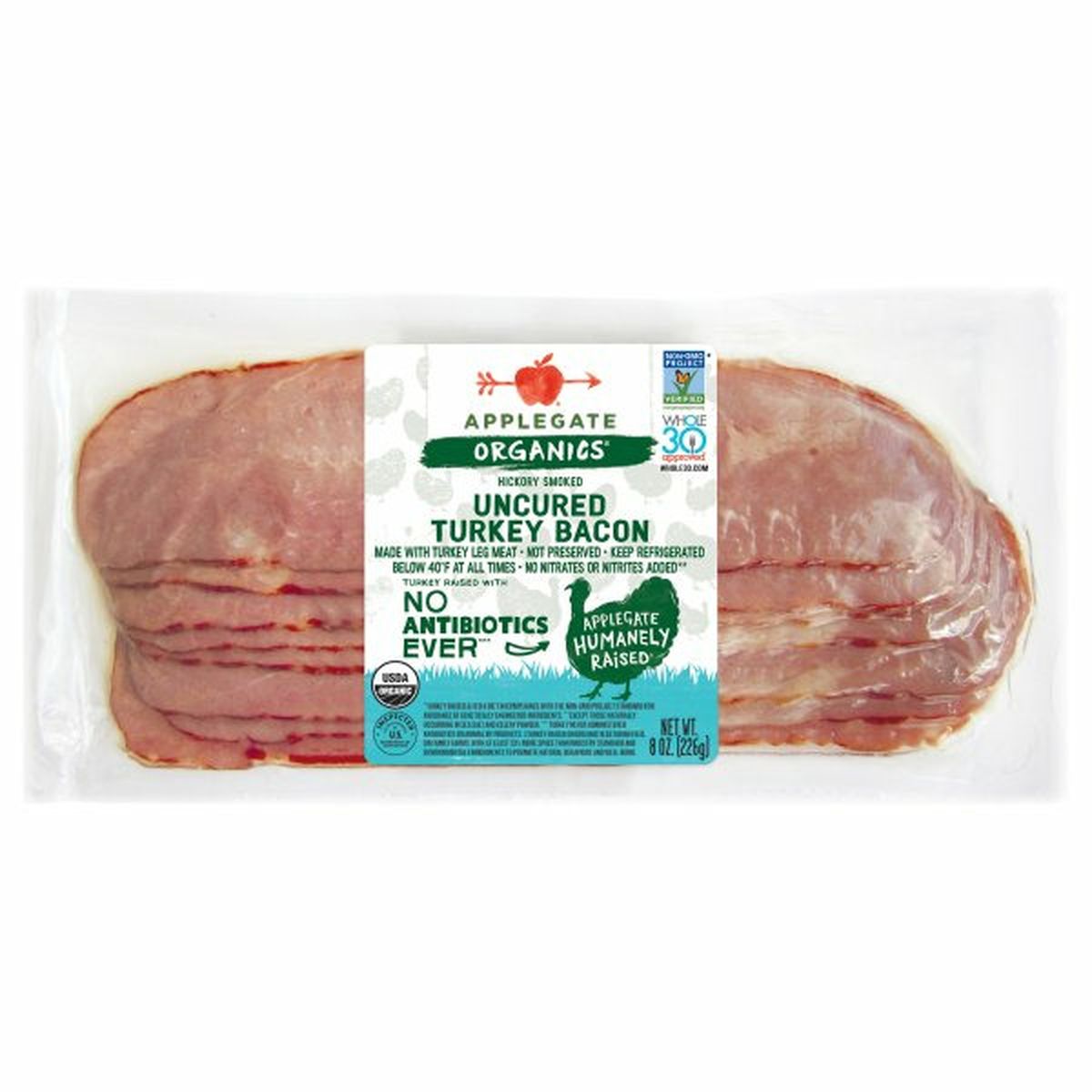 Calories in Applegate Organics Turkey Bacon, Uncured, Hickory Smoked