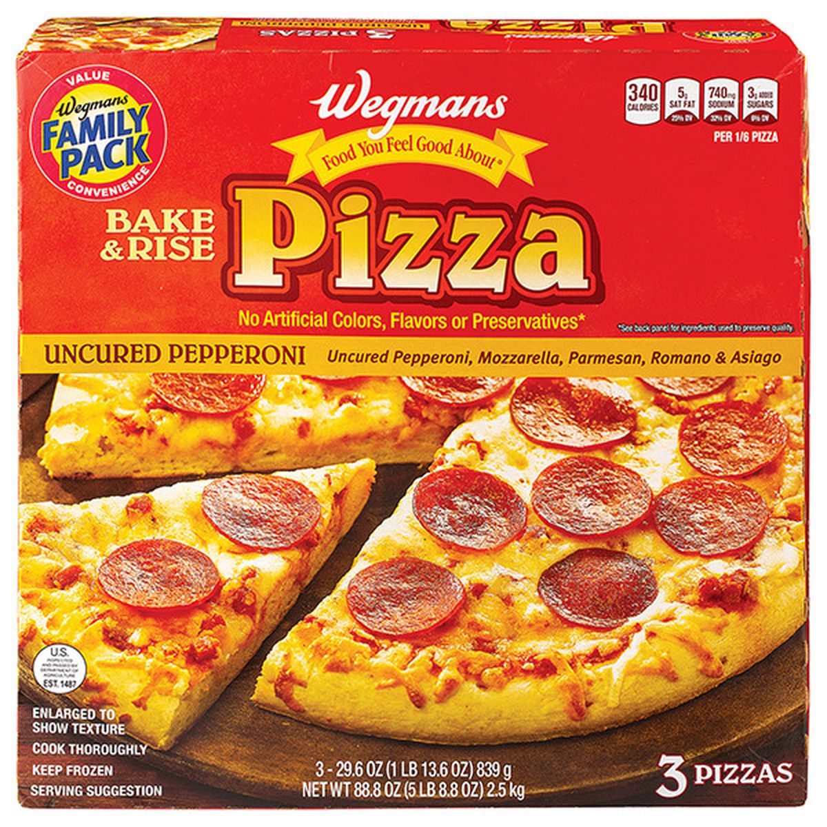 Calories in Wegmans Bake and Rise Uncured Pepperoni Frozen Pizza, FAMILY PACK