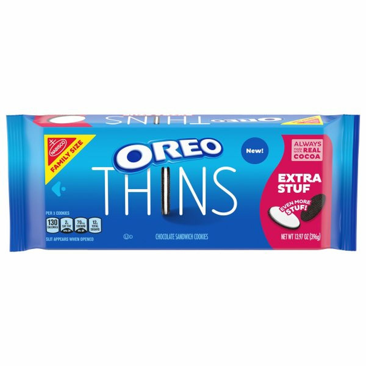 Calories in Oreo Thins Sandwich Cookies, Chocolate, Extra Stuf, Family Size