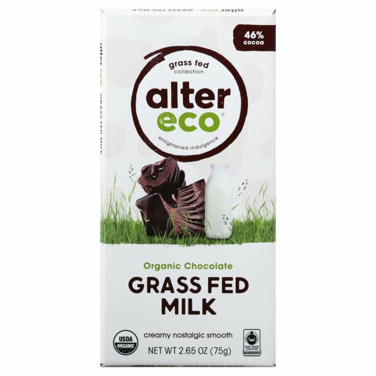 Calories in Alter Eco Grass Fed Collection Chocolate, Organic, Milk, 46% Cocoa